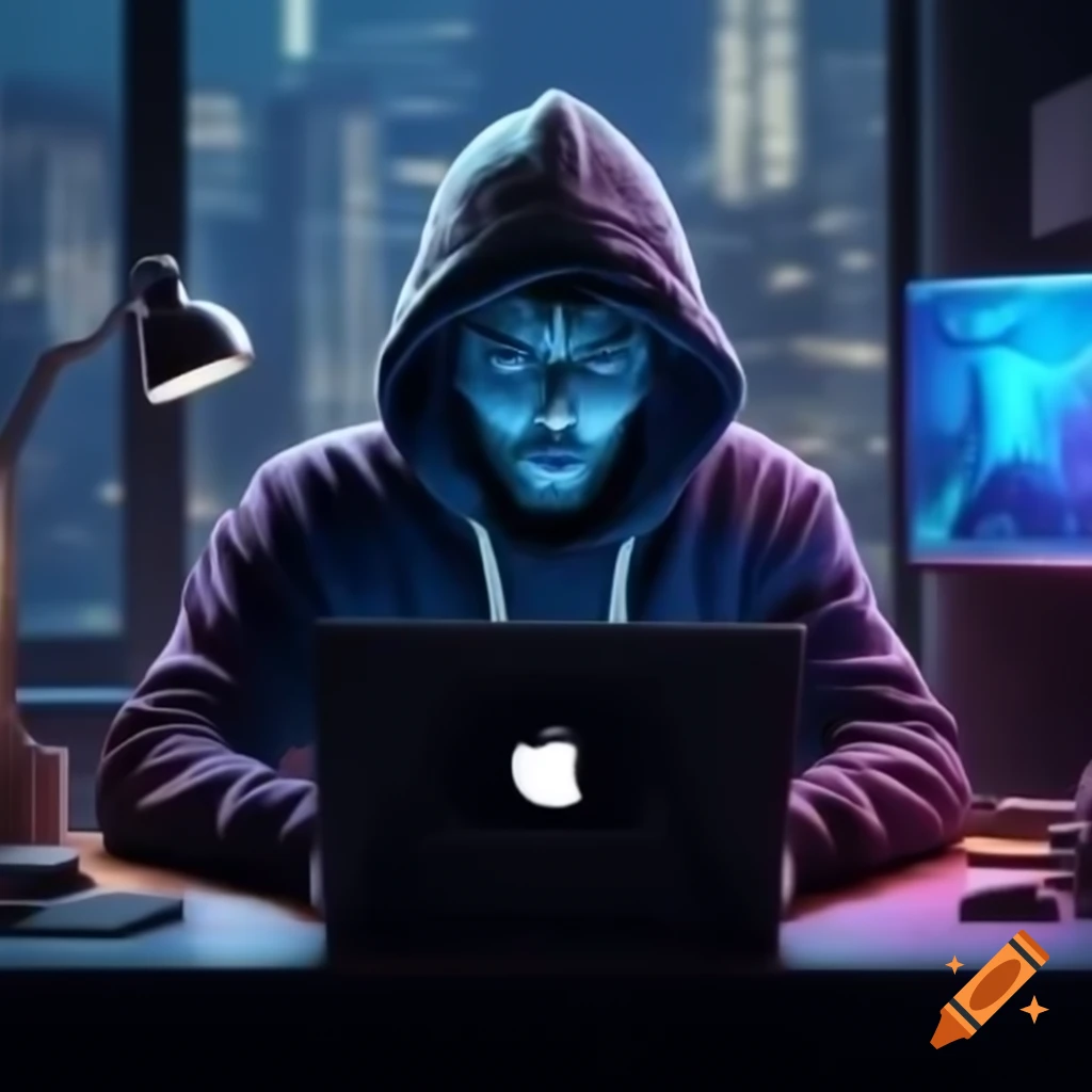 Person in dark hoodie using laptop in dimly lit room with cityscape ...