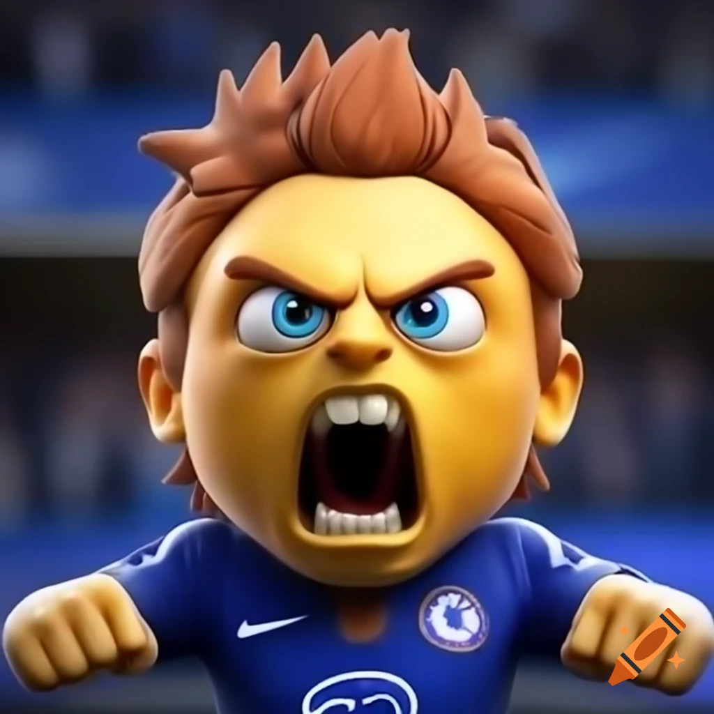 Angry emoji with fuming head wearing Chelsea shirt