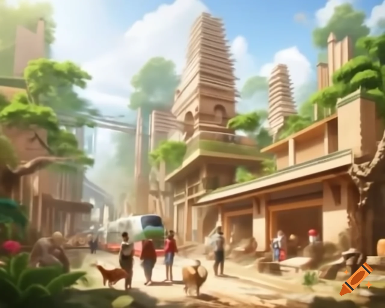 Futuristic streetscape blending ancient Mesoamerican architecture and eco-friendly design