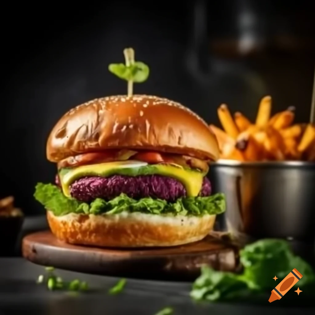Close-up of plant-based burger with beetroot patty, avocado, and sweet potato fries