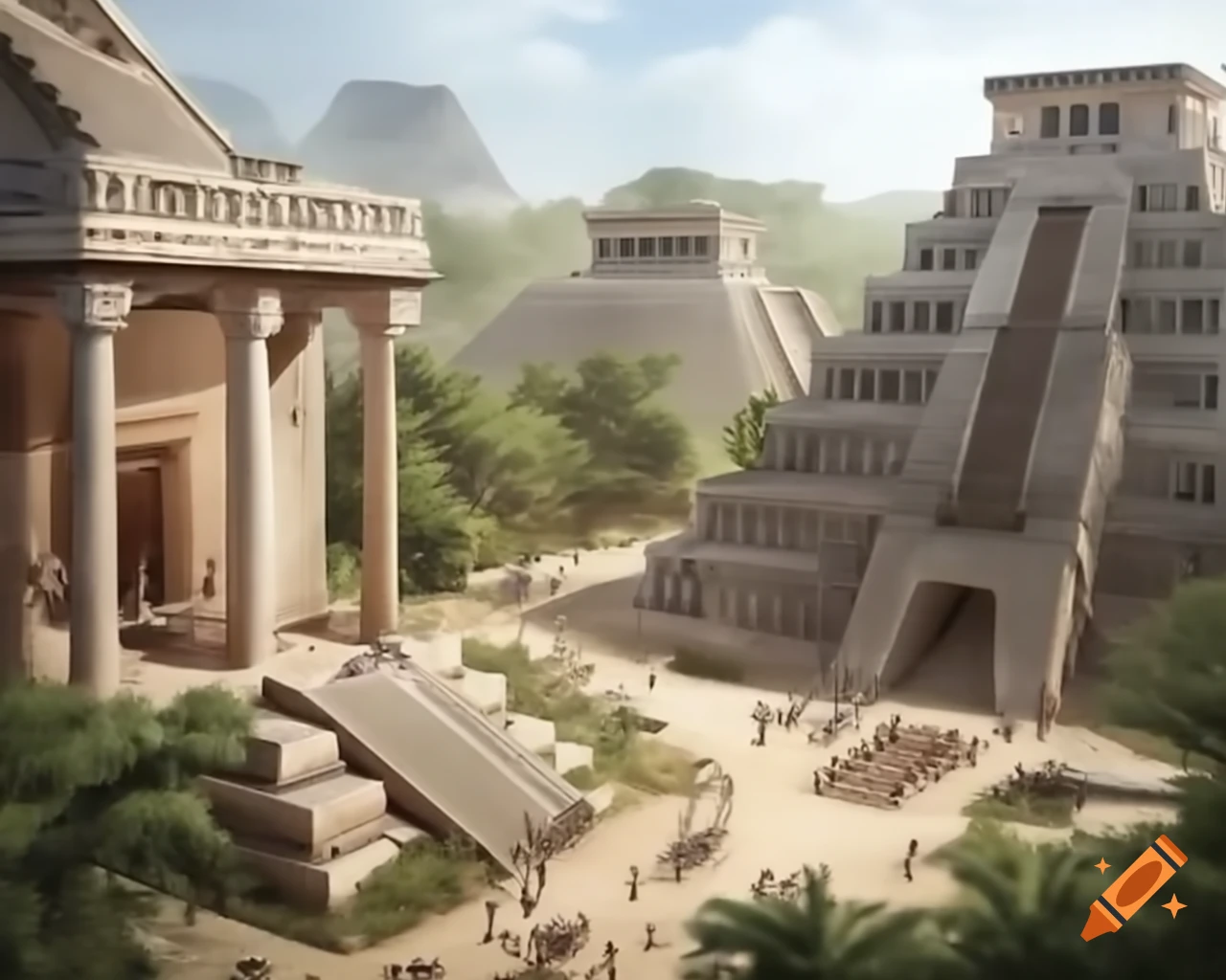 Utopian 21st century cityscape with Mayan architecture and eco-friendly design