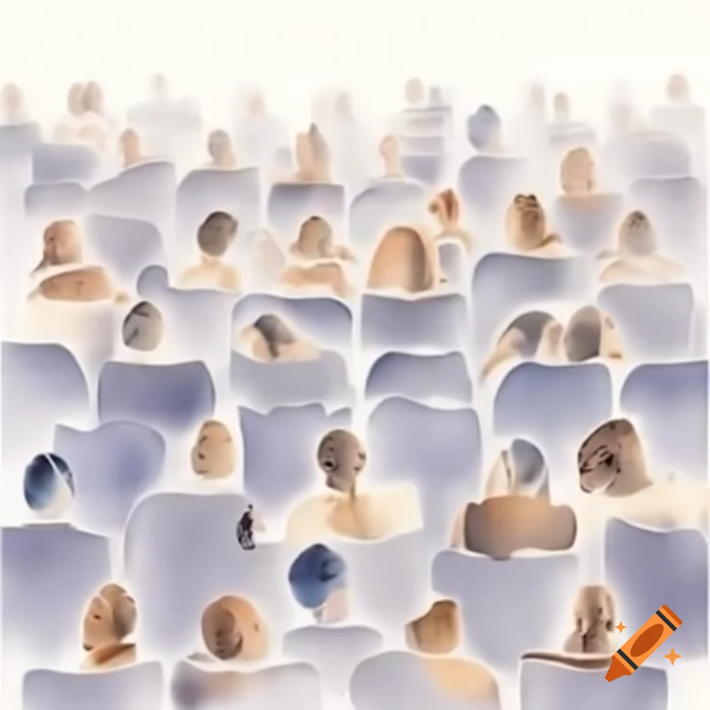 Discontent Drawing Surrealist painting of blurred theater audience with folded chairs ...