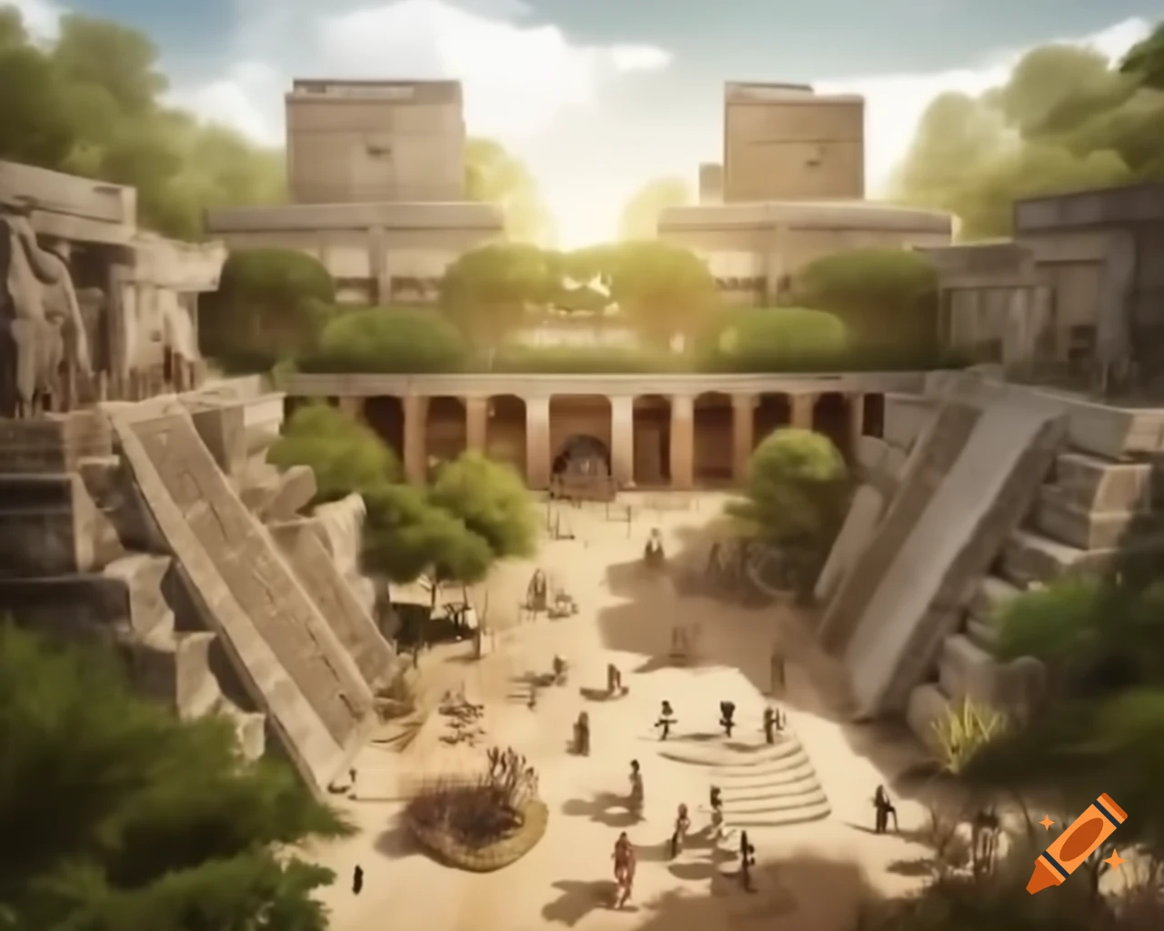 Utopian 21st century cityscape with Mayan architecture and eco-friendly design