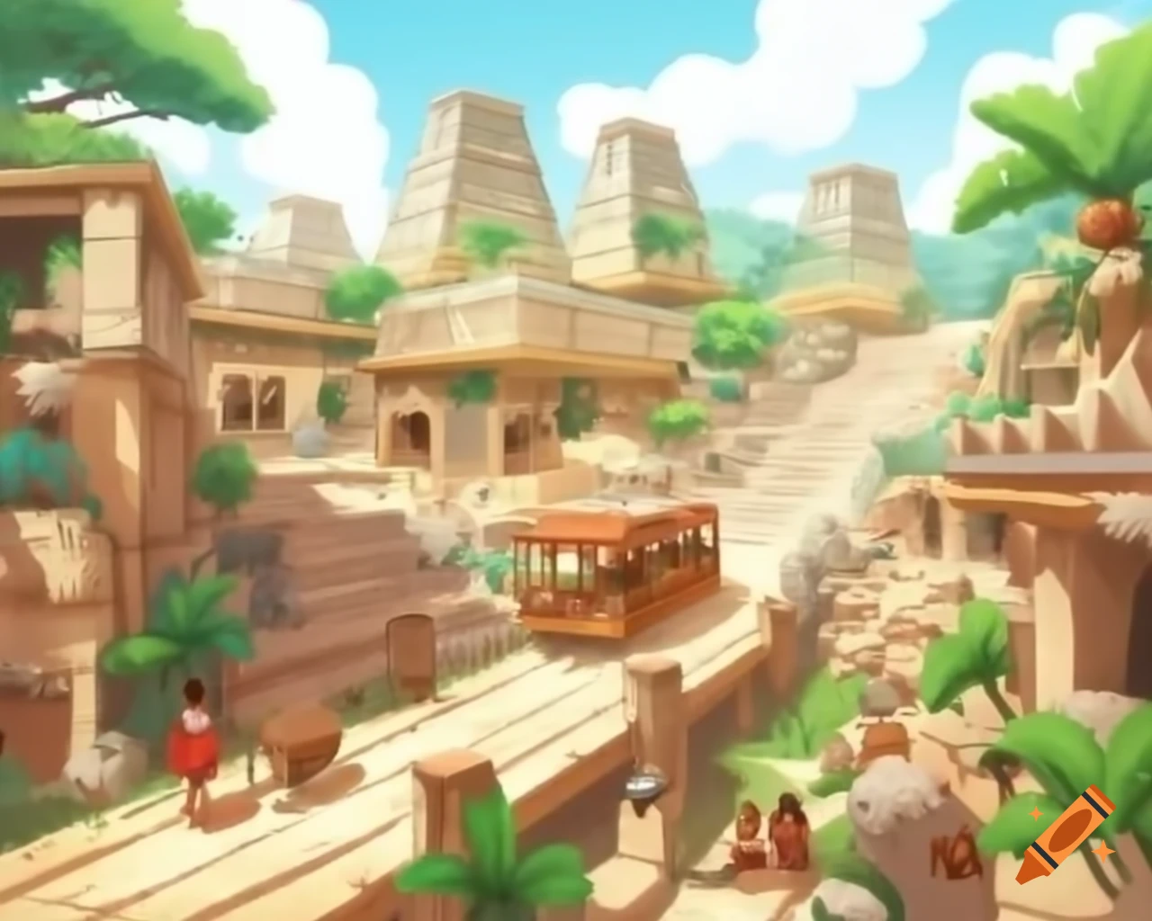 Naturalistic 21st-century streetscape with Mayan architecture and eco-friendly design