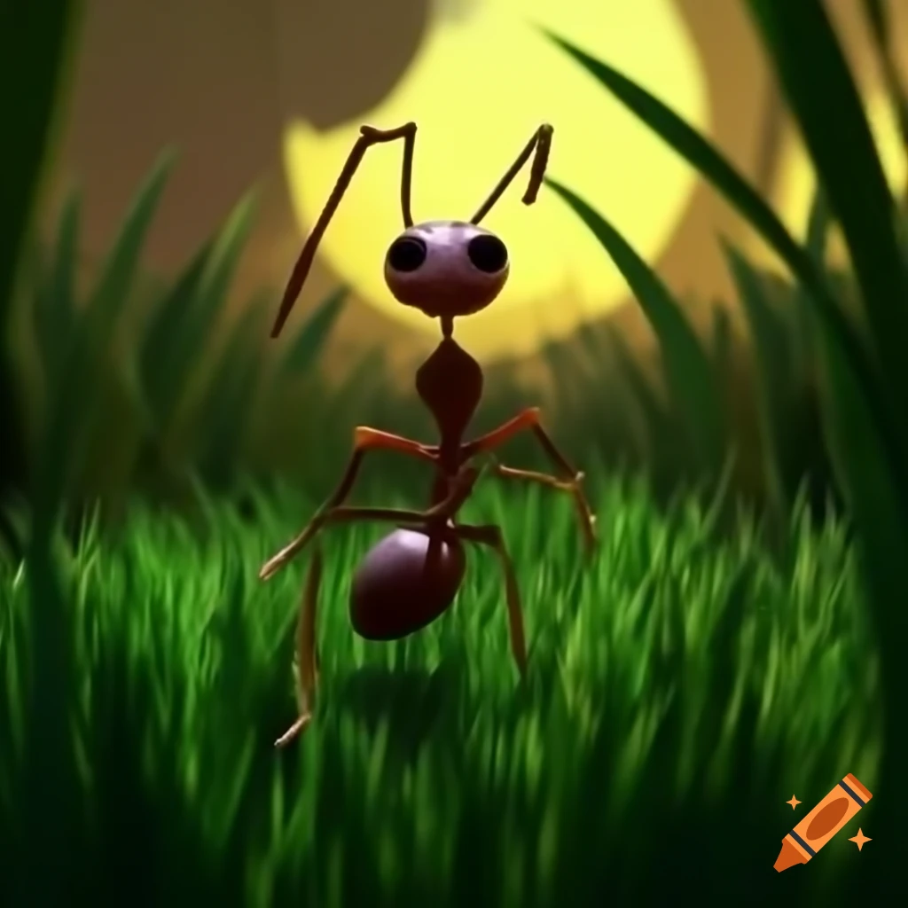 Solitary army ant in vibrant green grass jungle illuminated by morning sun