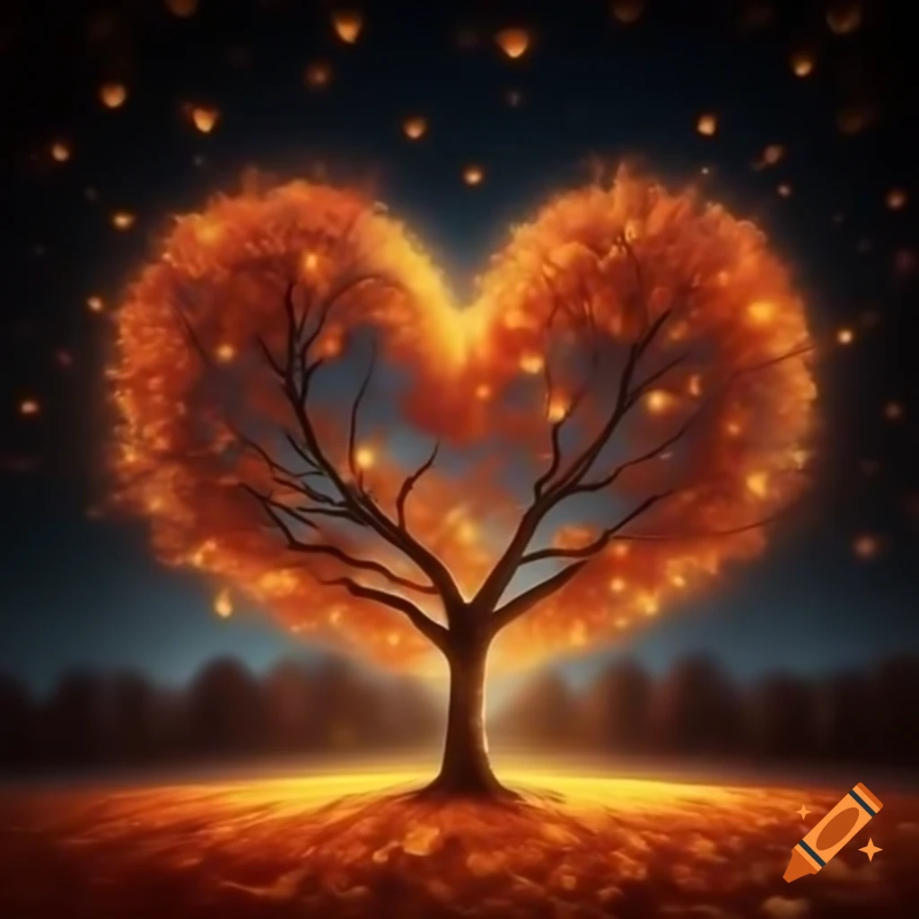 Heart shaped tree in autumn with twinkling lights
