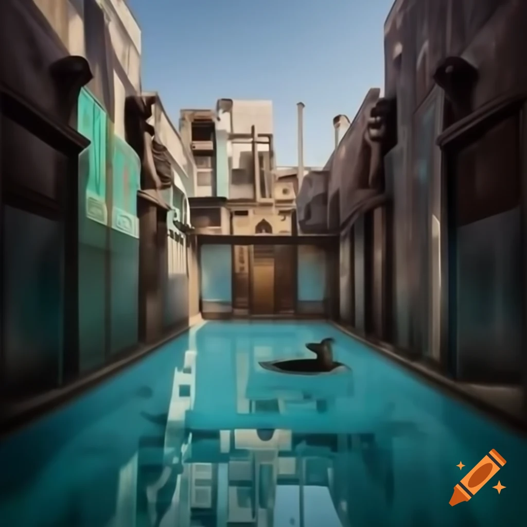 Contrast of a rustic garbage slum wall enclosing an idyllic swimming ...