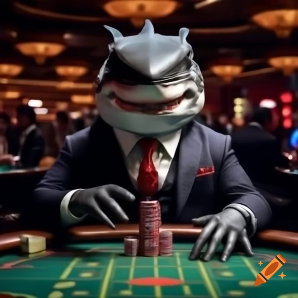 Shark in a suit playing Roulette at the Casino, dark vintage comic ...