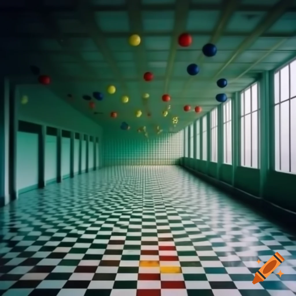 Expansive space with colored balls and checkerboard floor, liminal aesthetic