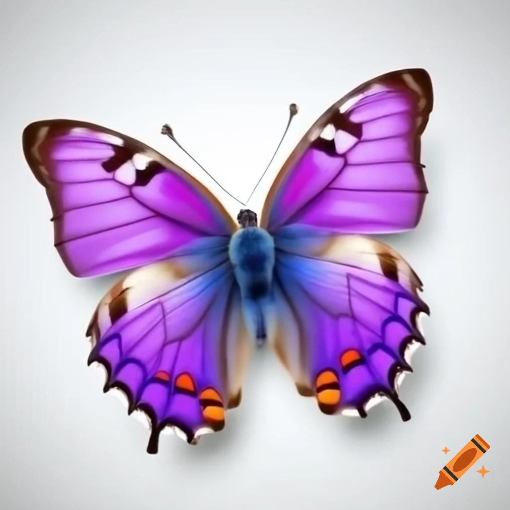 Purple butterfly with white dots detailed against blank background