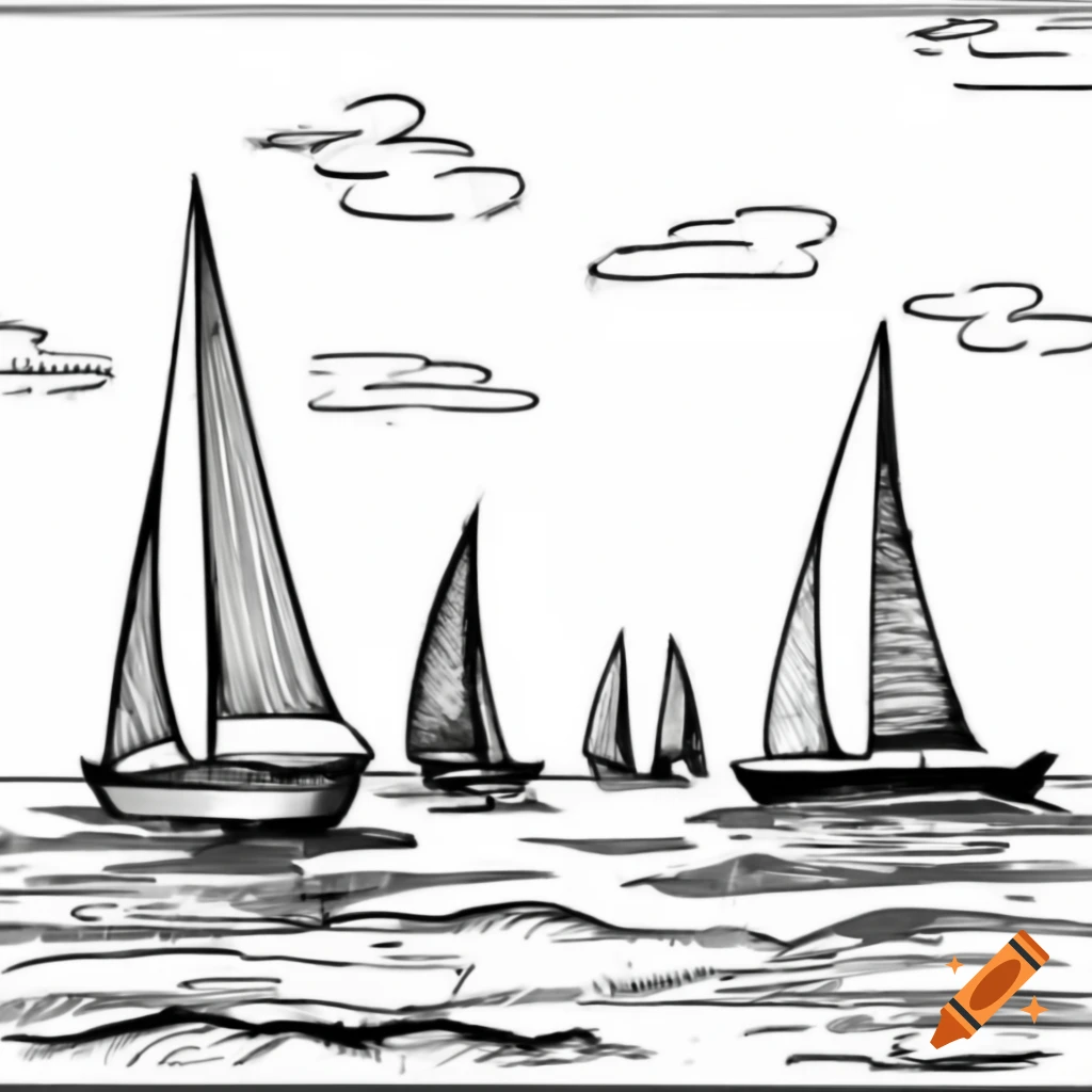 Black and white drawing of sailboats on open sea