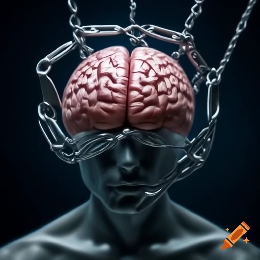 Hyper-realistic brain breaking free from chains