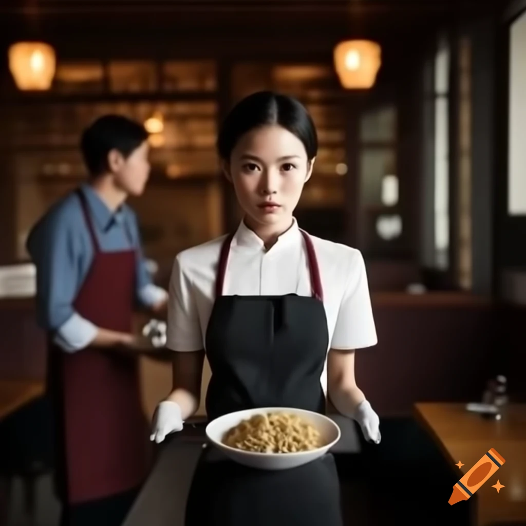 Unfriendly waitress serving noodle dish in Chinese restaurant
