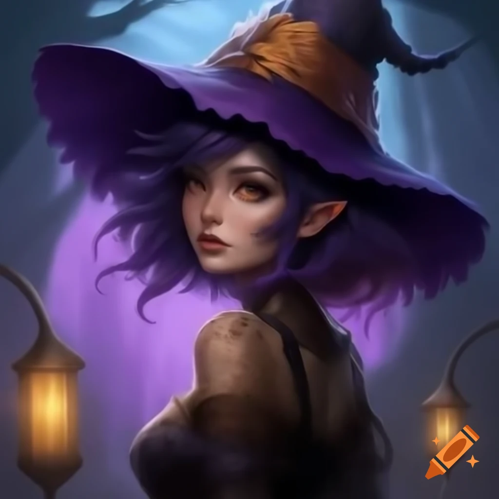 Illustration of a fantasy witch with short hair and lace hat