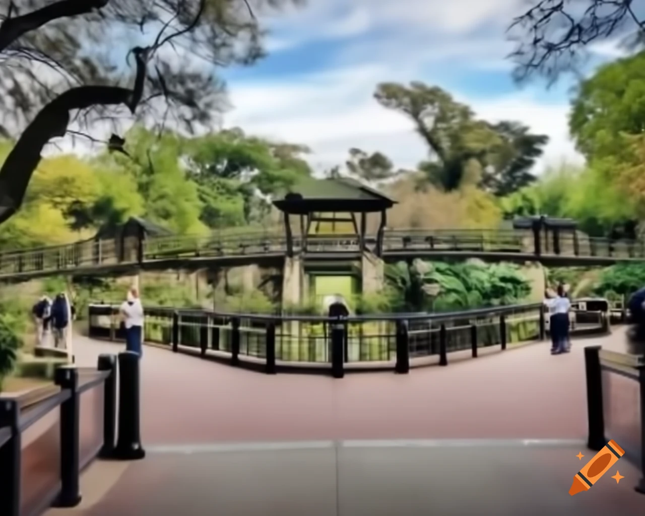 Park bench on walkway with zoo in background