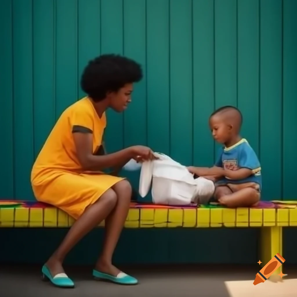 Mother changing child's diaper on a colorful bench