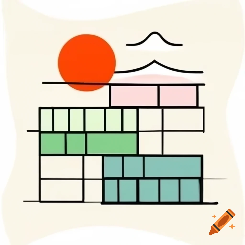 Minimalist painting inspired by Japanese concepts using red, green, and orange