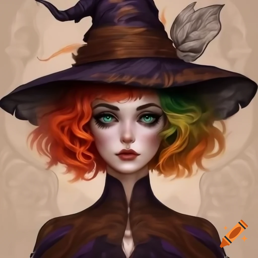 Eclectic witch with multicolor short hair and brown lace hat illustration