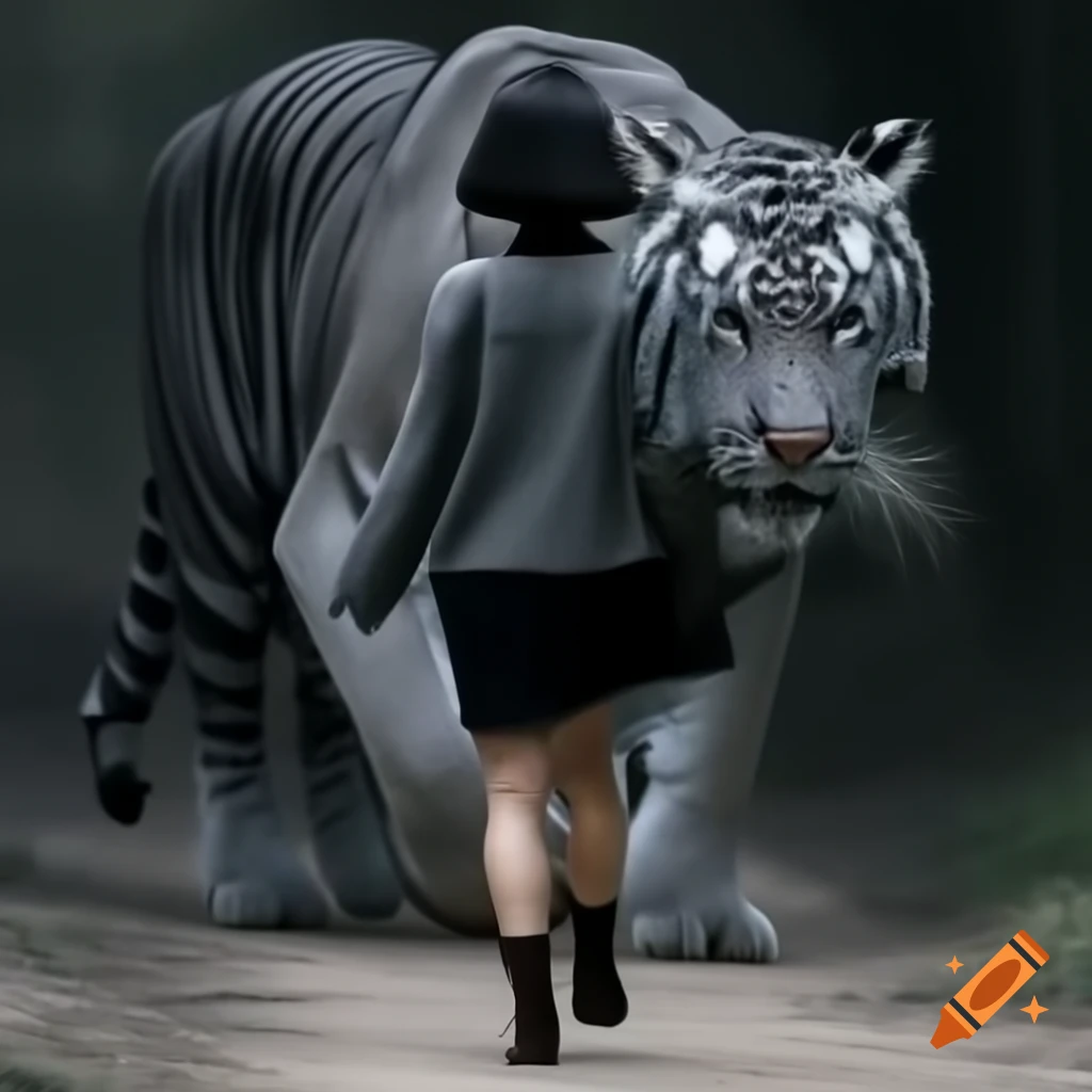 Woman with short dark hair walking alongside grey tiger