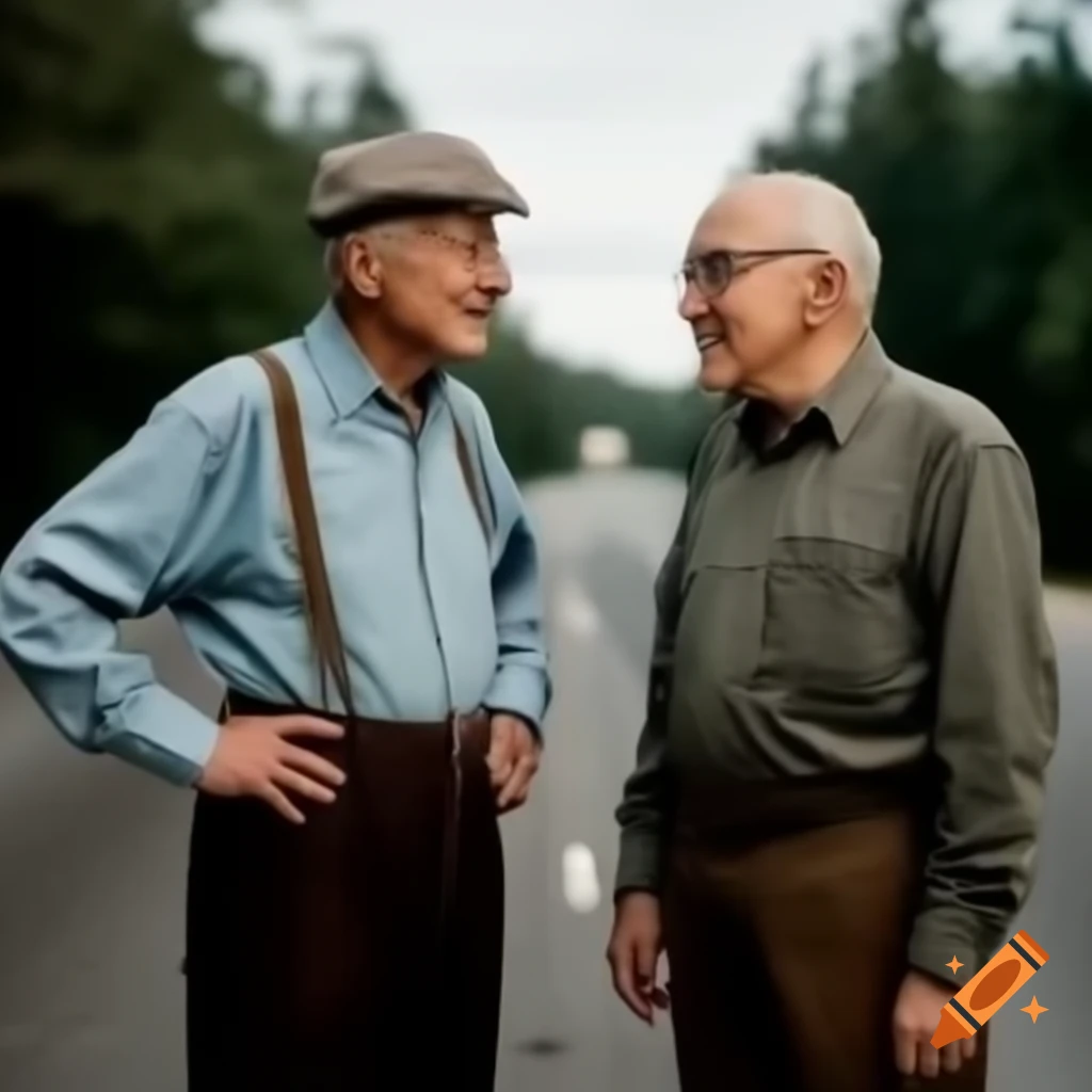 Two elderly men in shirt and pants conversing on the road