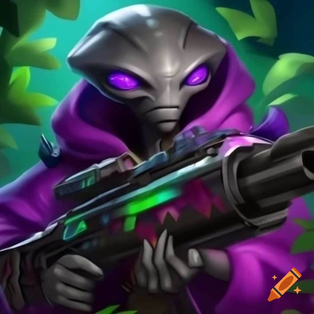 Concept art of gray alien with tech weapon amidst colorful foliage on ...