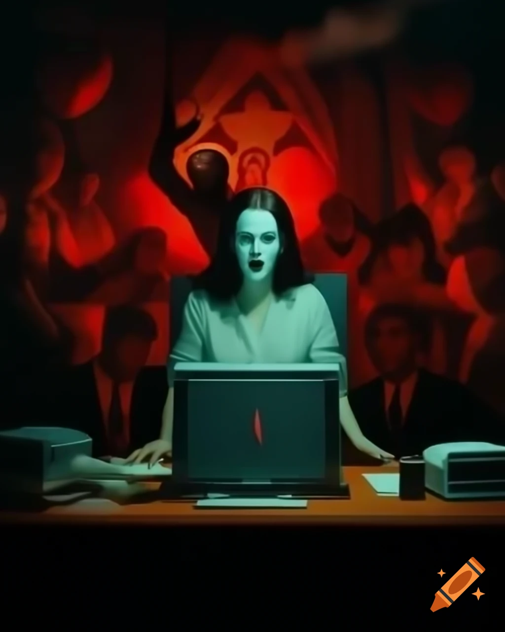 Horror film scene with ethereal entity before computer, ironic laughter ...
