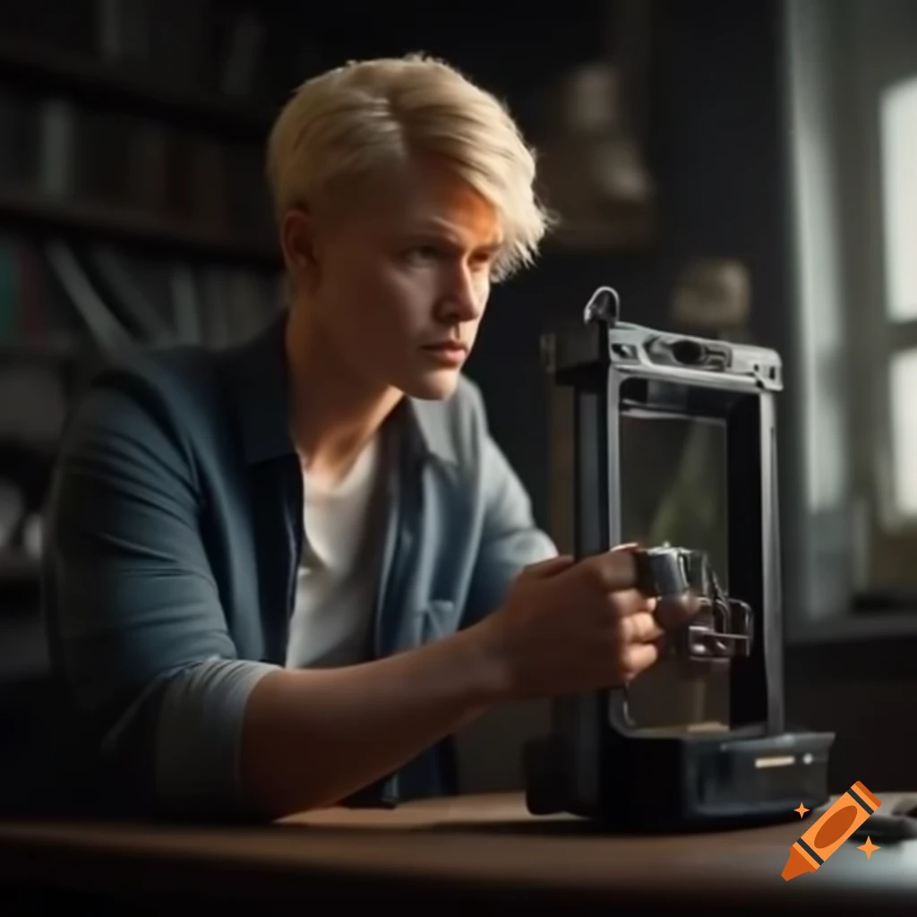 Blonde individual operating a 3D printer