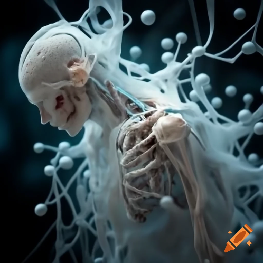 Abstract representation of human figure with intricate molecular forms