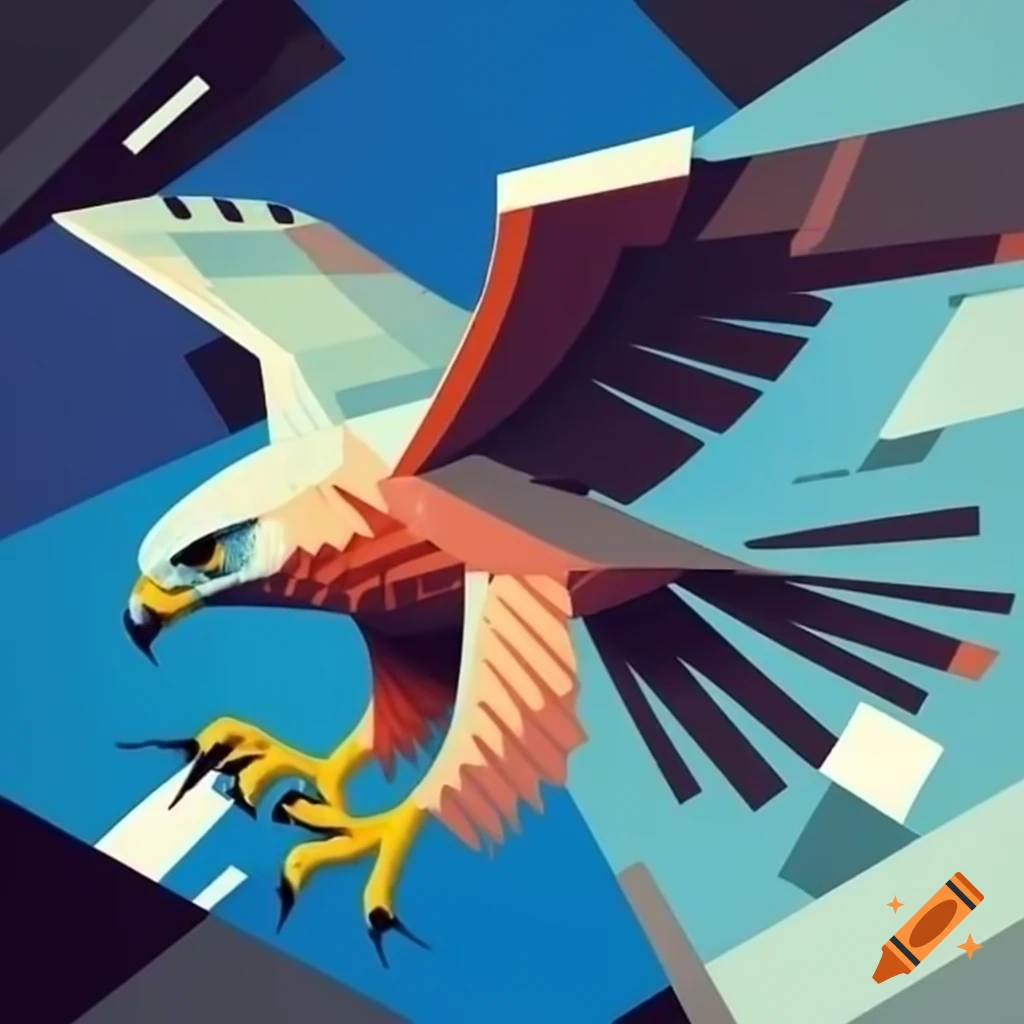 Hawk diving in cubist style with geometric shapes conveying movement on ...