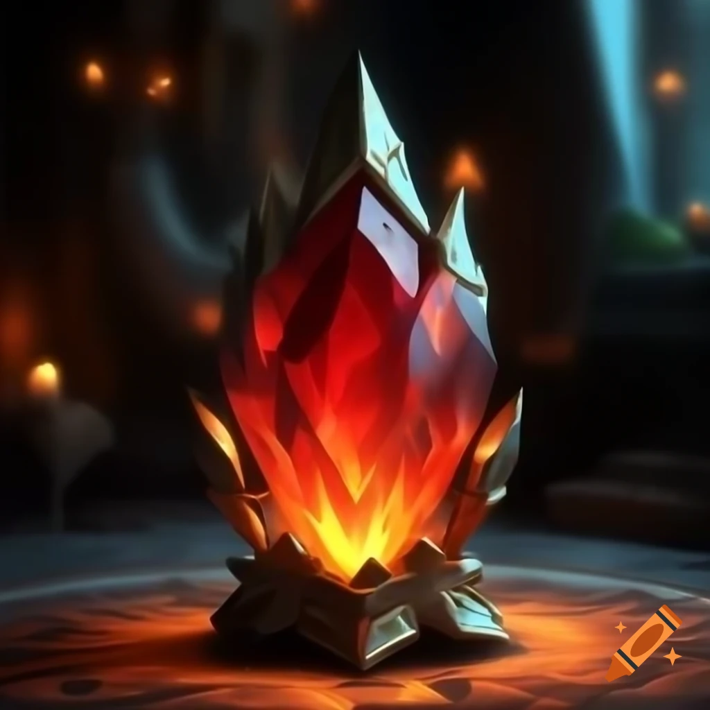 Magical red gem resembling flame with golden orange glow