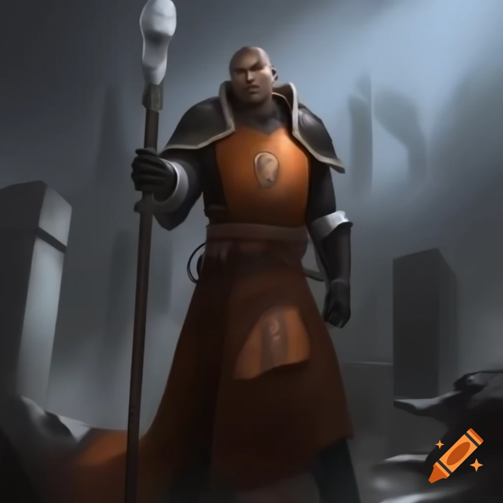 Cleric with mace in brown and orange uniform among foggy ruins, concept ...