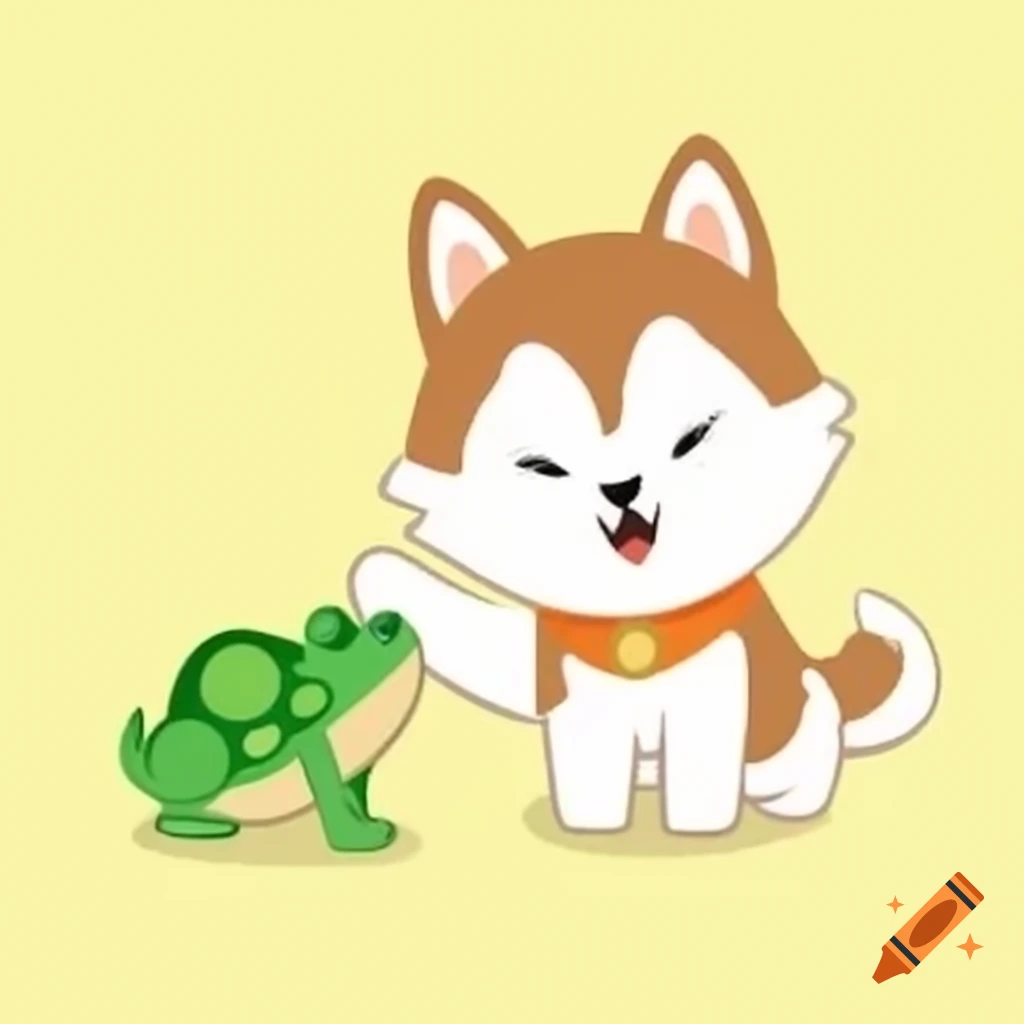 Light brown Husky playing with a toad in a playful scene