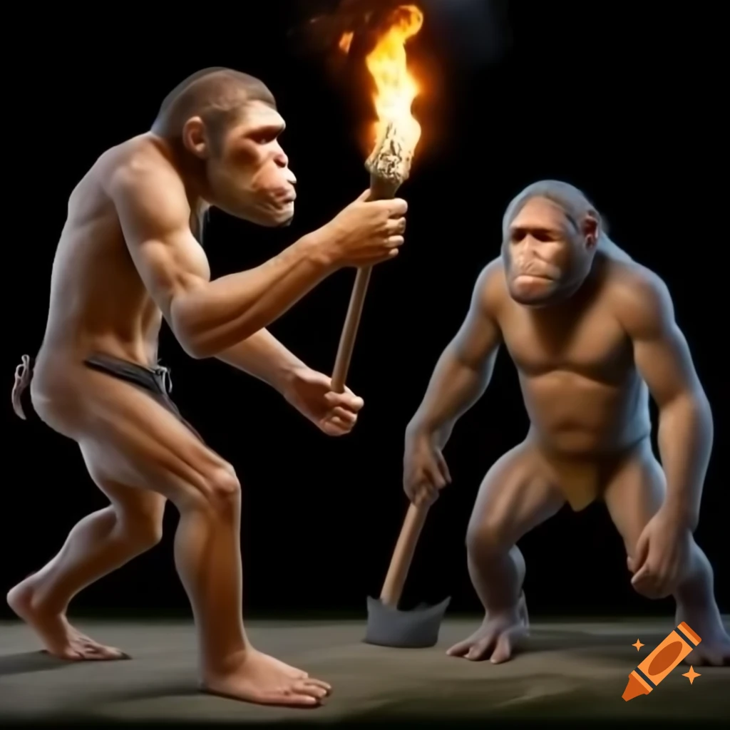 Homo erectus holding a torch and Homo habilis with an axe, depicted separately