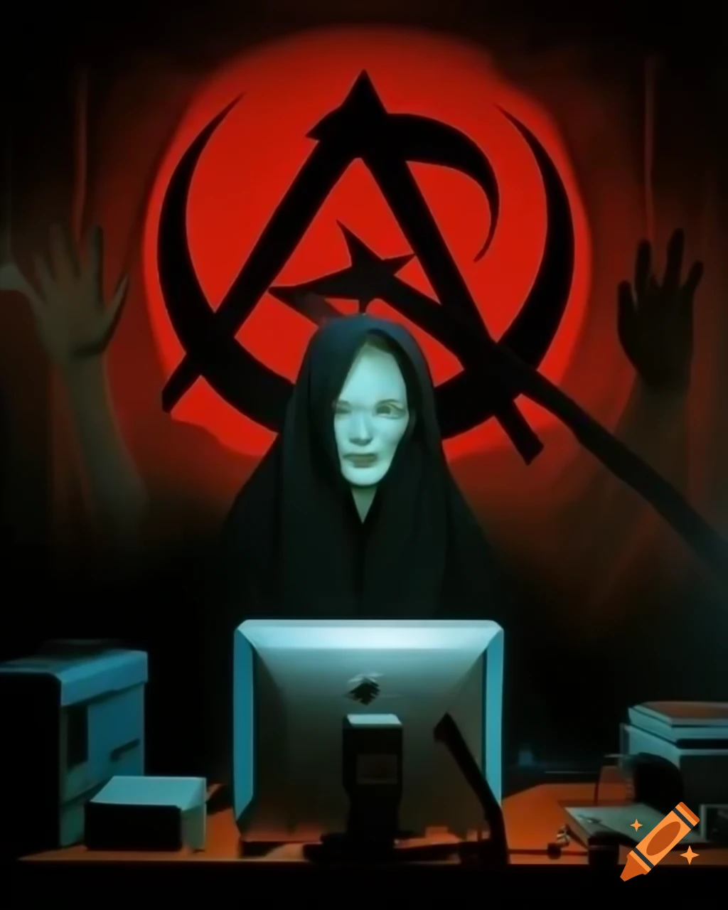 Ethereal entity in horror film standing in front of computer with ...