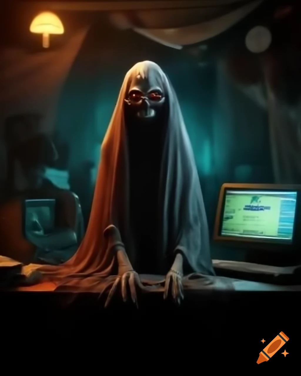 Horror film scene with ethereal entity before computer, ironic laughter ...