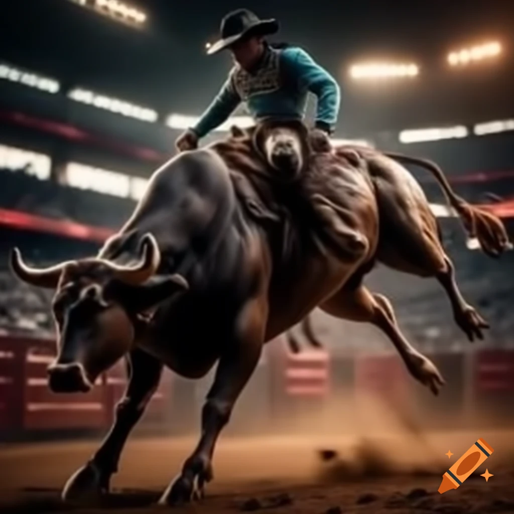 Bull jumping in rodeo arena with red tones