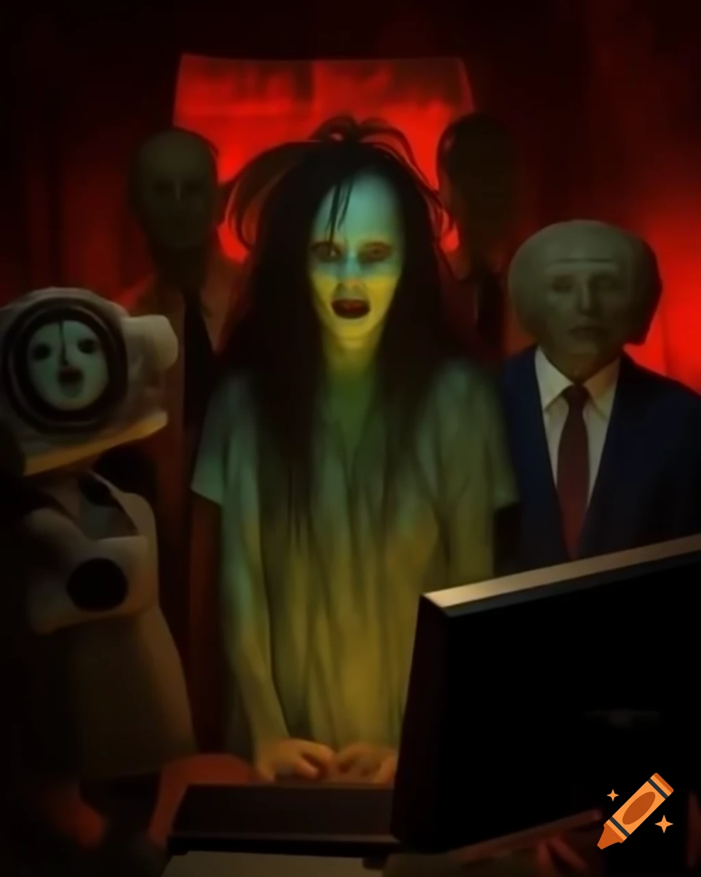 Ethereal entity in horror film standing in front of computer with ...