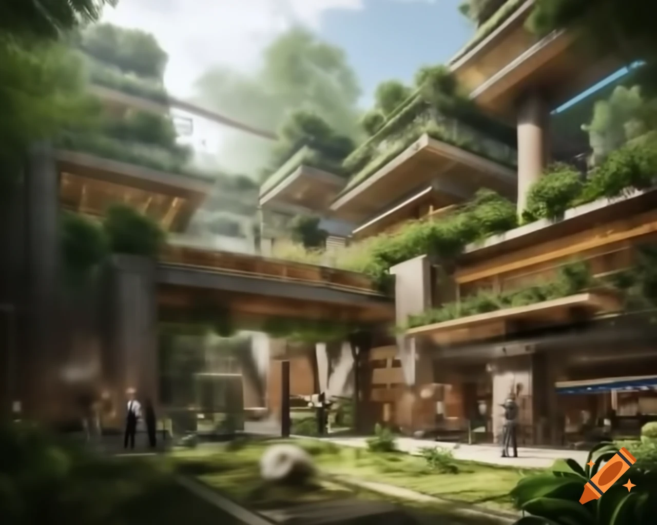 Futuristic streetscape combining ancient Mesoamerican architecture and eco-friendly urban design