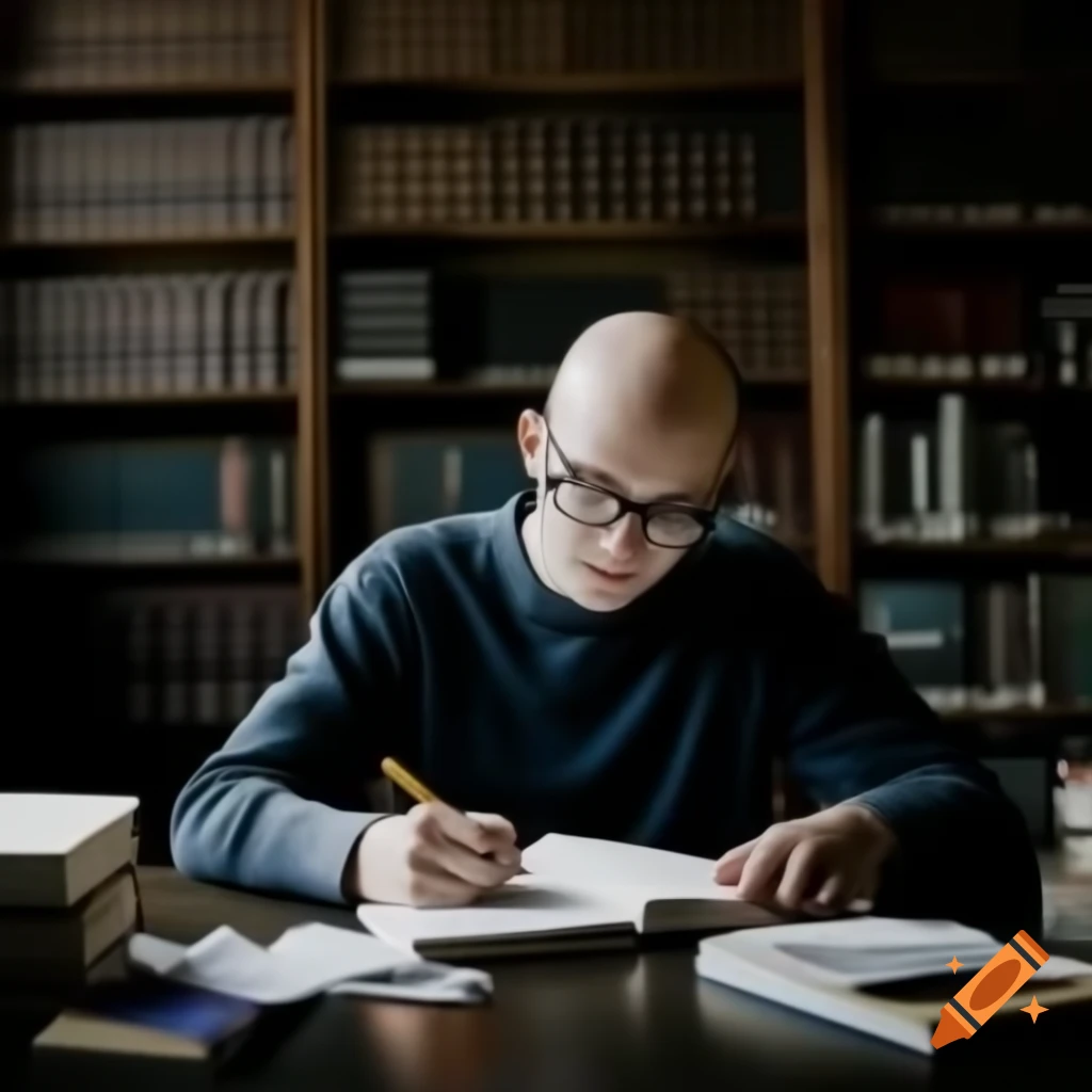 PhD student in library studying, with books, papers, laptop, and coffee ...