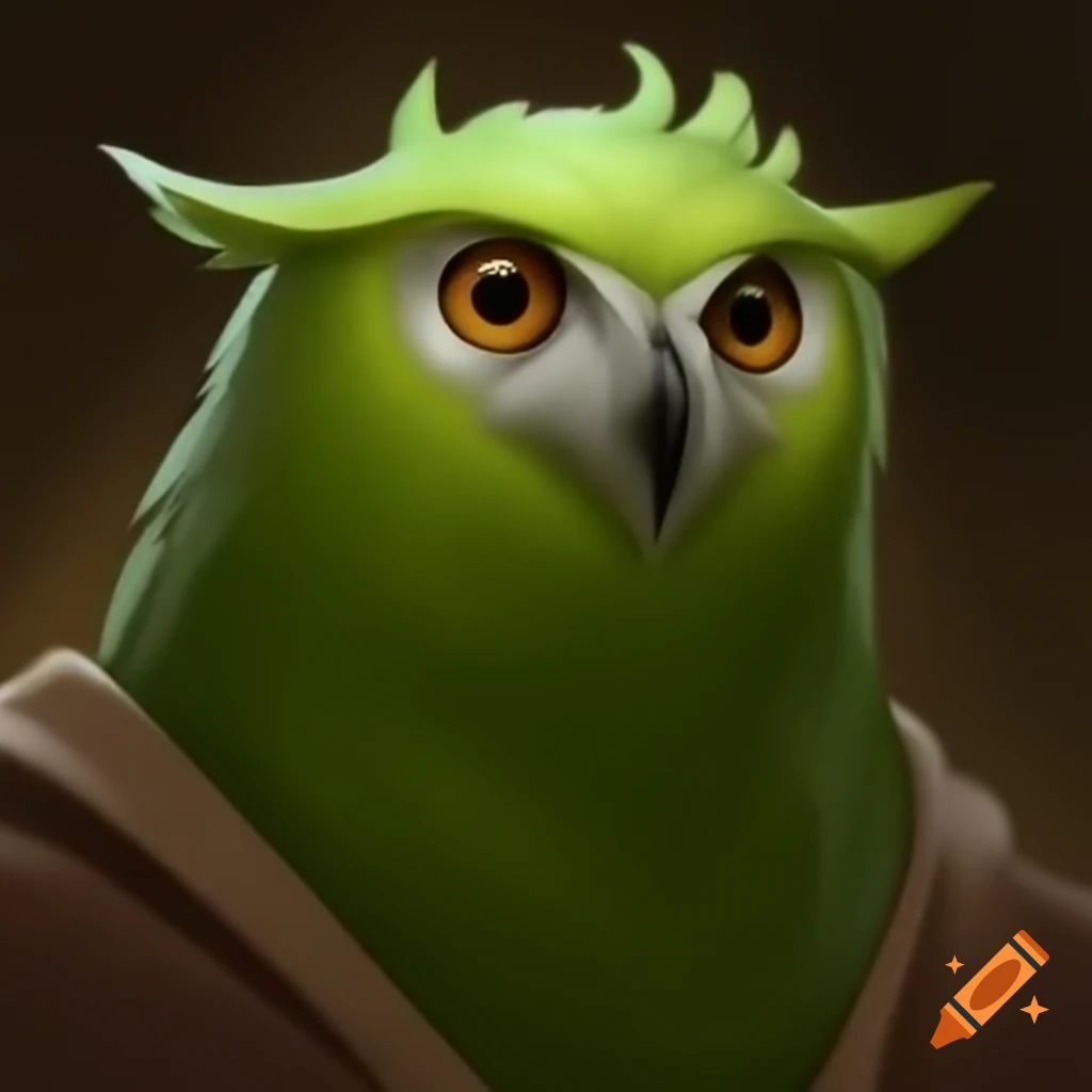 Muscled green character with owl head inspired by duolingo on Craiyon
