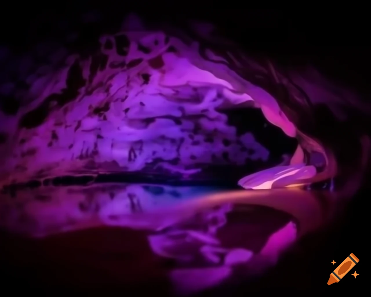 Crystalized cave with purple haze and waterfall