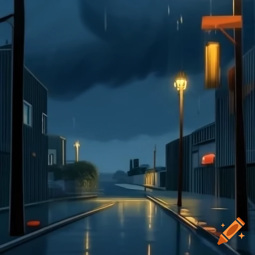 Cartoon city street in heavy rain under dark storm clouds, sidewalk view