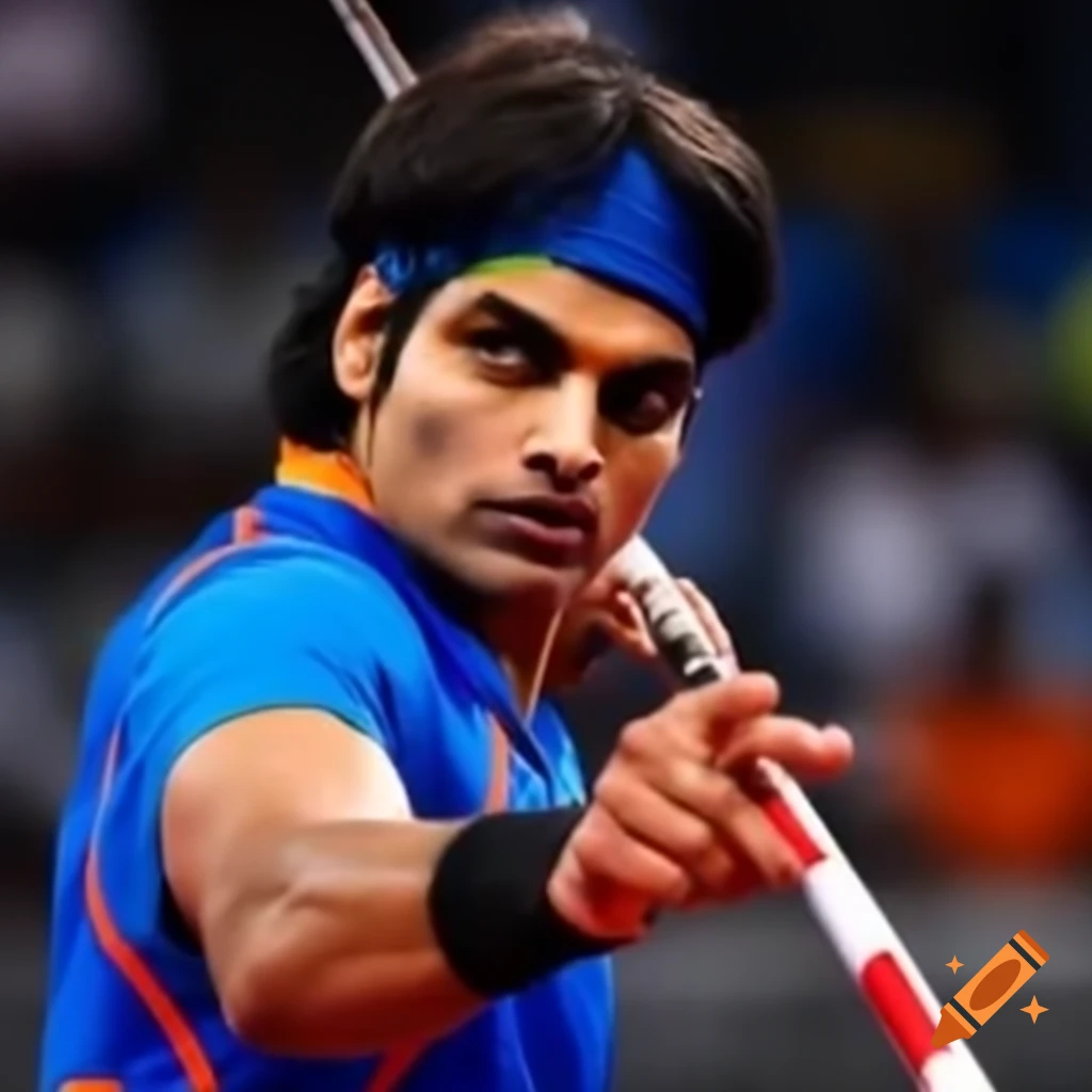 Neeraj Chopra demonstrating focus and power with javelin in vibrant stadium
