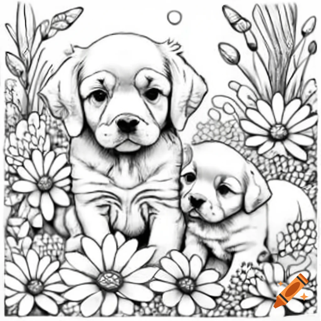 Realistic coloring pages featuring puppies and flowers on Craiyon, image size:1024x1024
