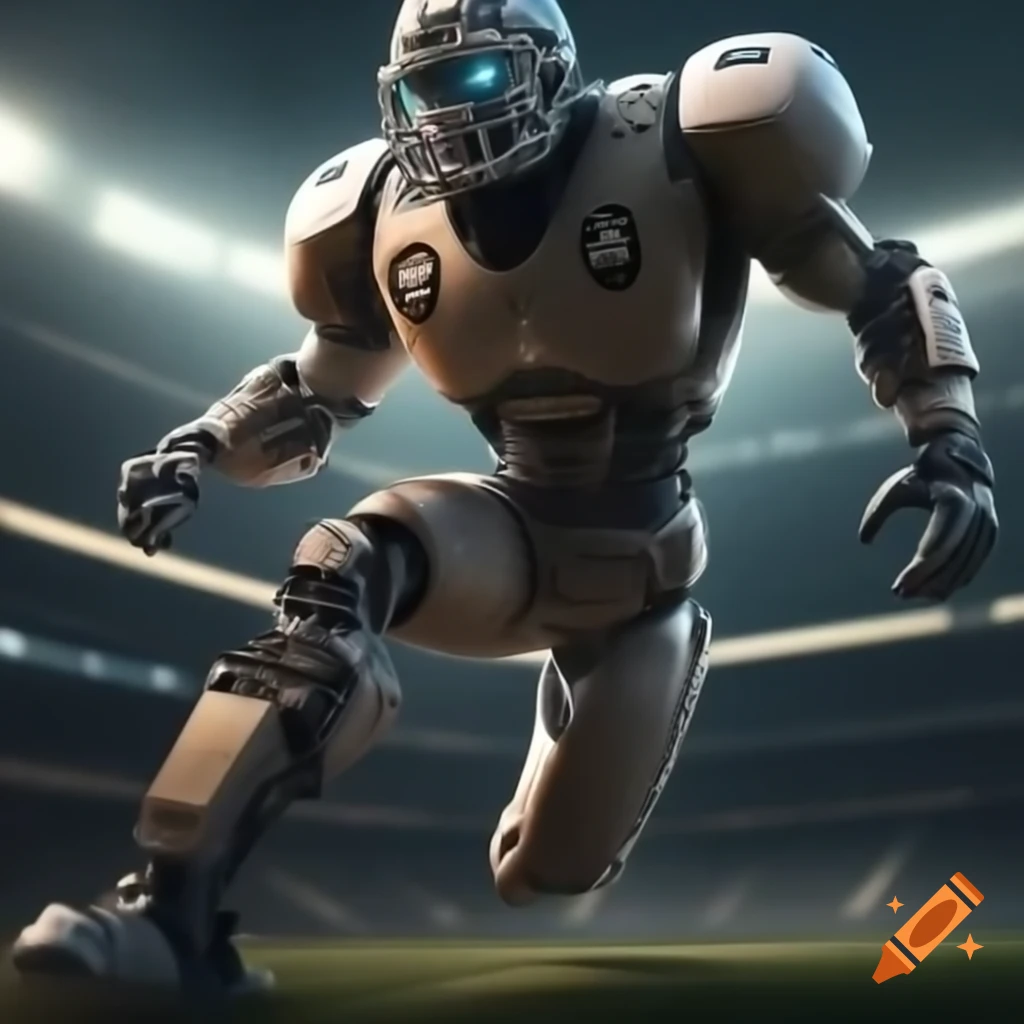 Robotic football player executing a dynamic touchdown dive on Craiyon