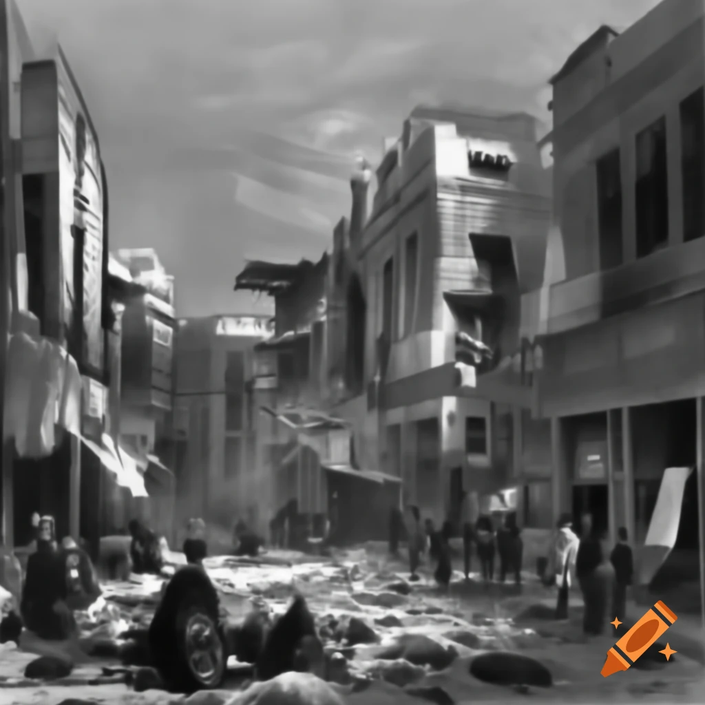 Vignette gravure depicting the bombing of Beirut in the 21st century
