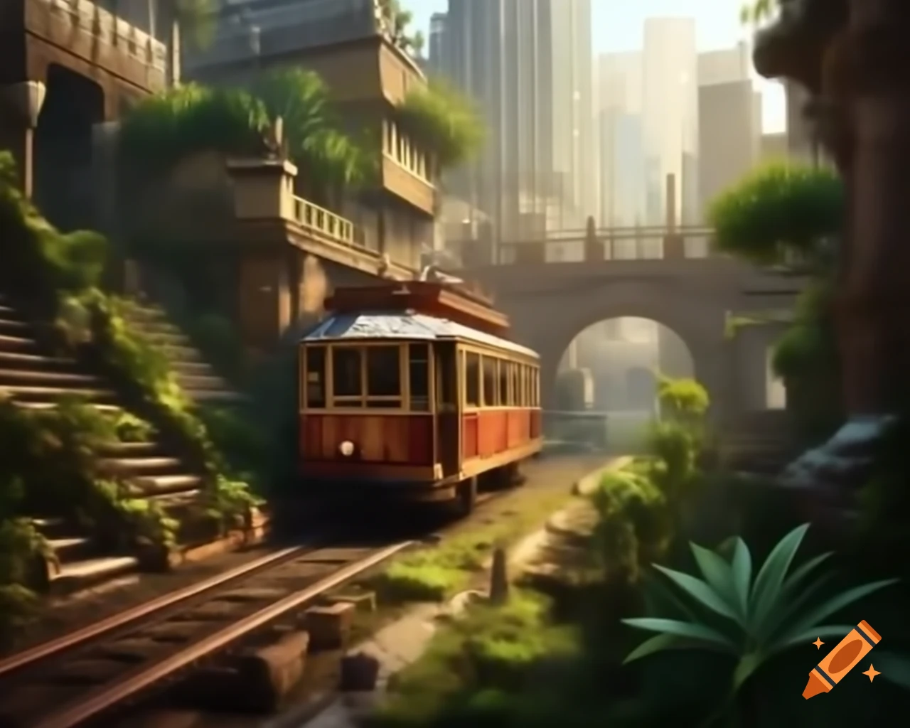 Utopian streetscape with mesoamerican architecture and eco-friendly design featuring a crystalline tram