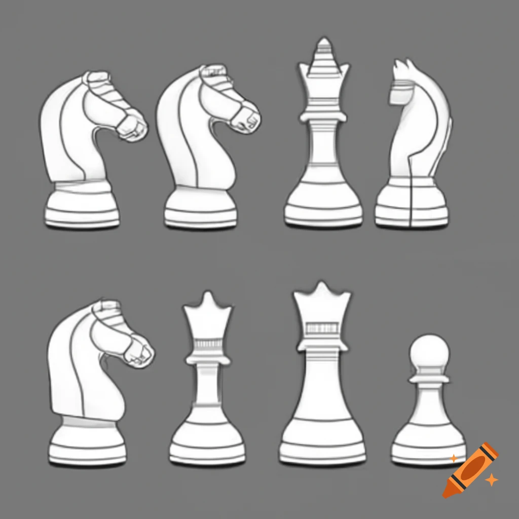 Black-and-white drawing of chess knight piece from multiple angles for woodcarving