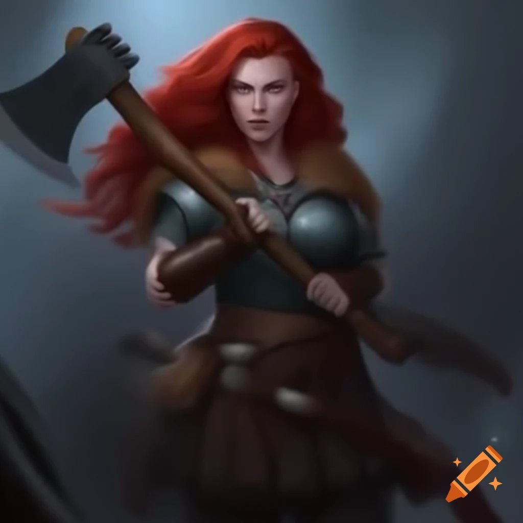 Viking female superhero with red hair wielding a large axe on Craiyon