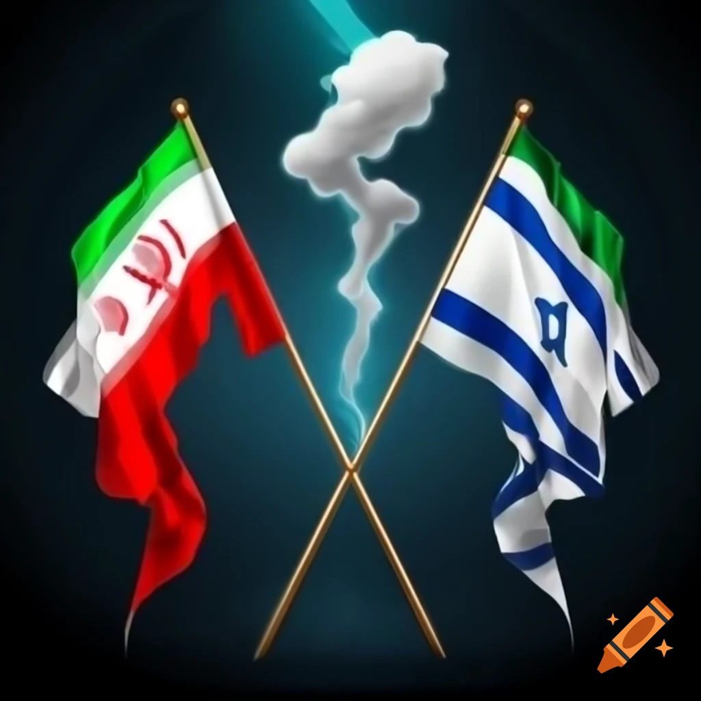 Symbolic confrontation with flags of Iran and Israel and imagery of nuclear arms